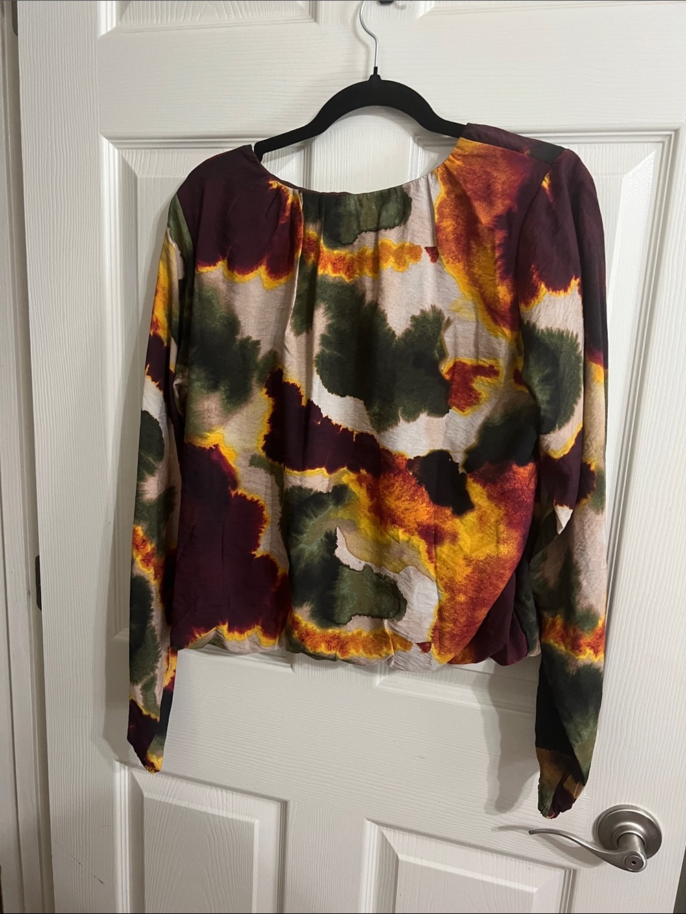 DKNY Long-Sleeve V-Neck Abstract Print Blouse in Burgundy, Mustard, Olive, Cream - Picture 5 of 7